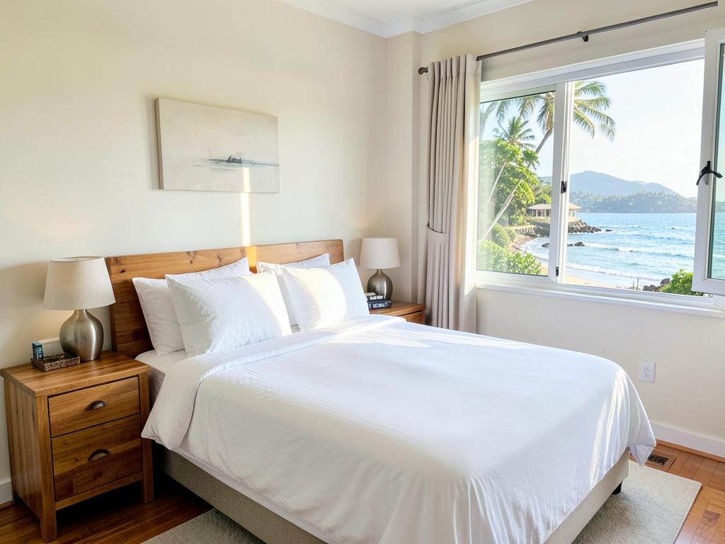 A tidy coastal guest bedroom made up and ready for holiday let guests